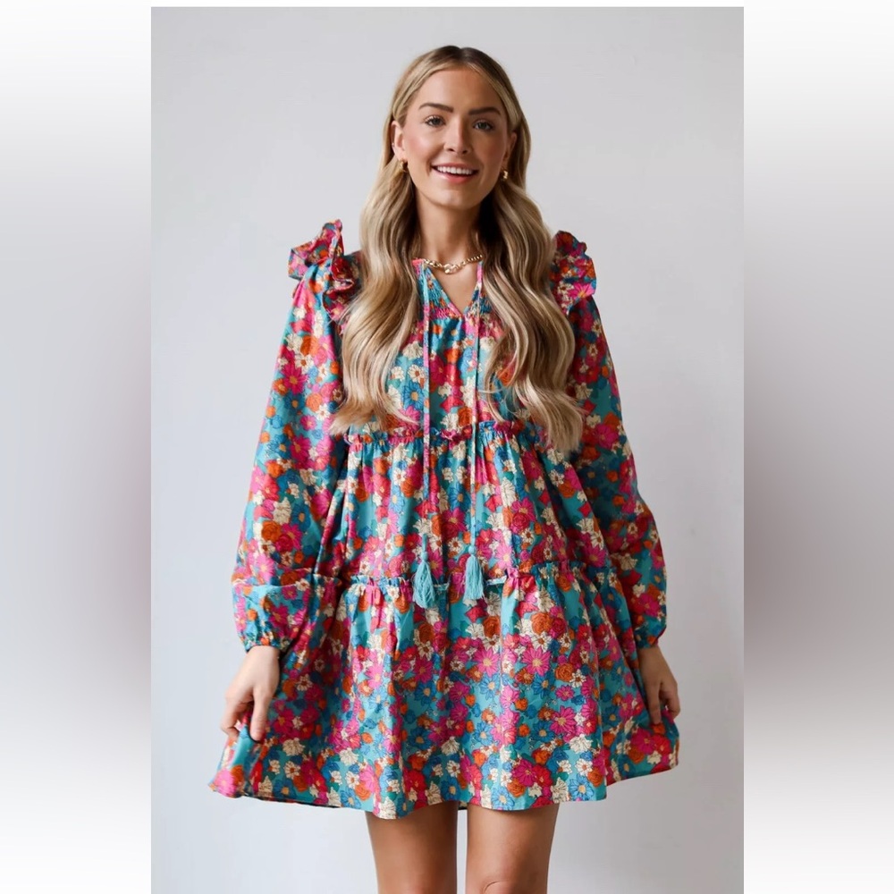 Oddi Floral Tiered Smock Dress in Teal Pink